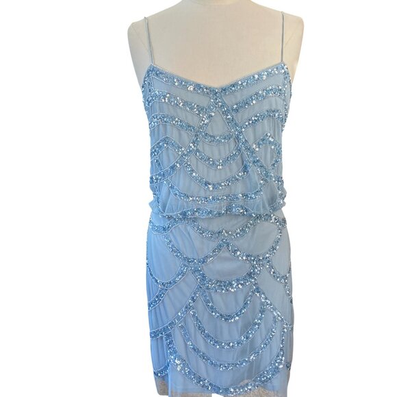 NWT Aidan Mattox Sequin Beaded Blouson Slip Dress Blue Cocktail Hoco Mermaid - Picture 1 of 12